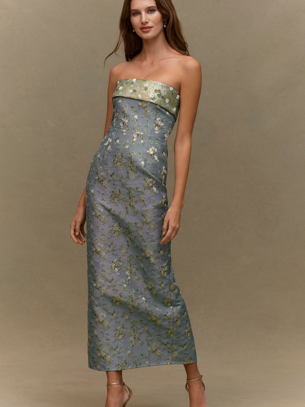 V. Chapman Strapless Floral Brocade Gown in Blue and Olive